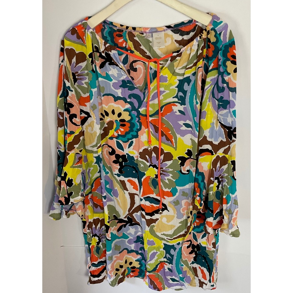 Anne Cole Womens Floral Tunic swim cover top  Multicolor Bell Sleeve Boho Medium